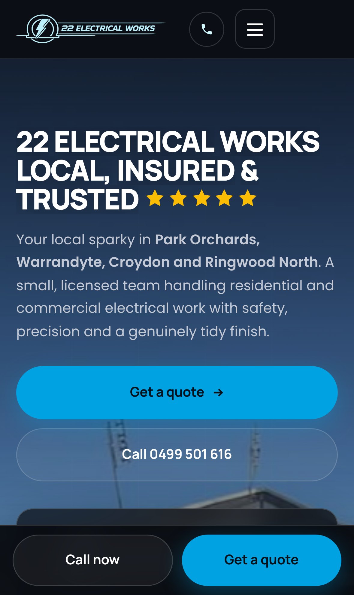 The 22 Electrical Works website on a phone