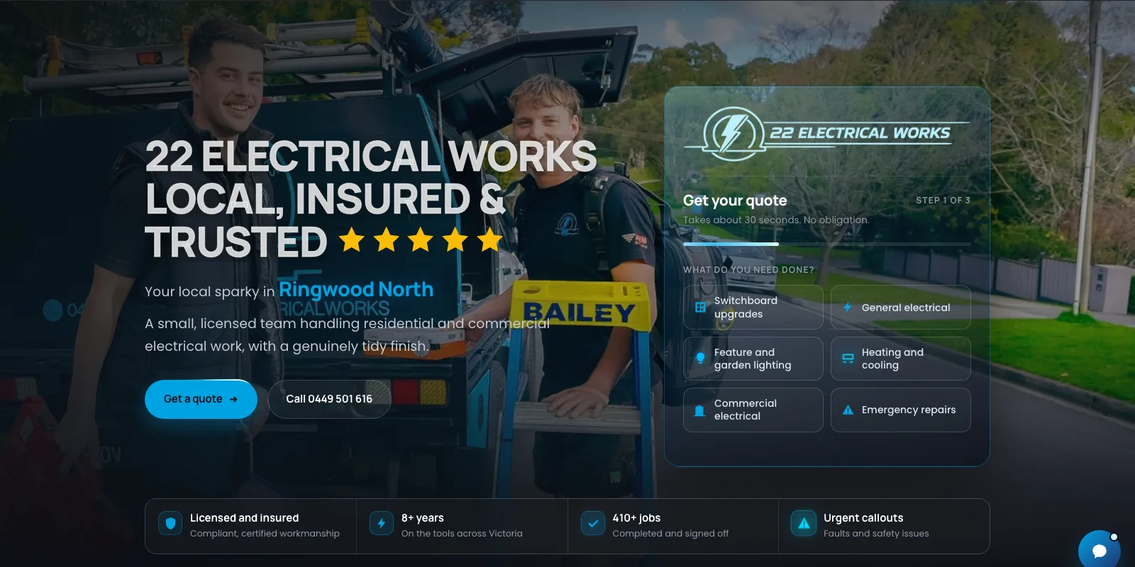The 22 Electrical Works website built by Scalus, Park Orchards electrician