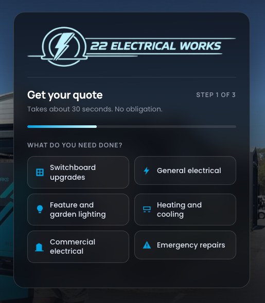 The three step quote flow on the 22 Electrical Works website