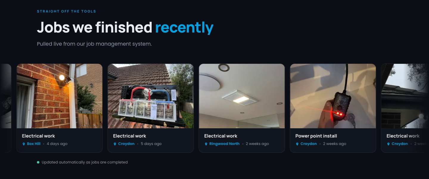Live job feed on the 22 Electrical Works website, pulled from ServiceM8