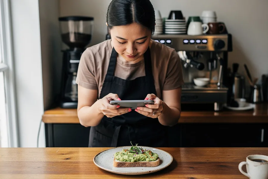 A cafe owner photographing a freshly plated dish on the counter with her phone