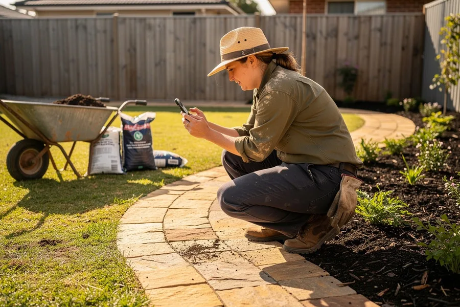 A landscaper crouching beside a newly laid garden path, photographing it with her phone