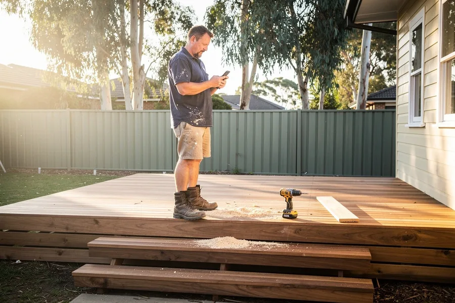 A builder standing on a newly finished timber deck, taking a photo of it with his phone