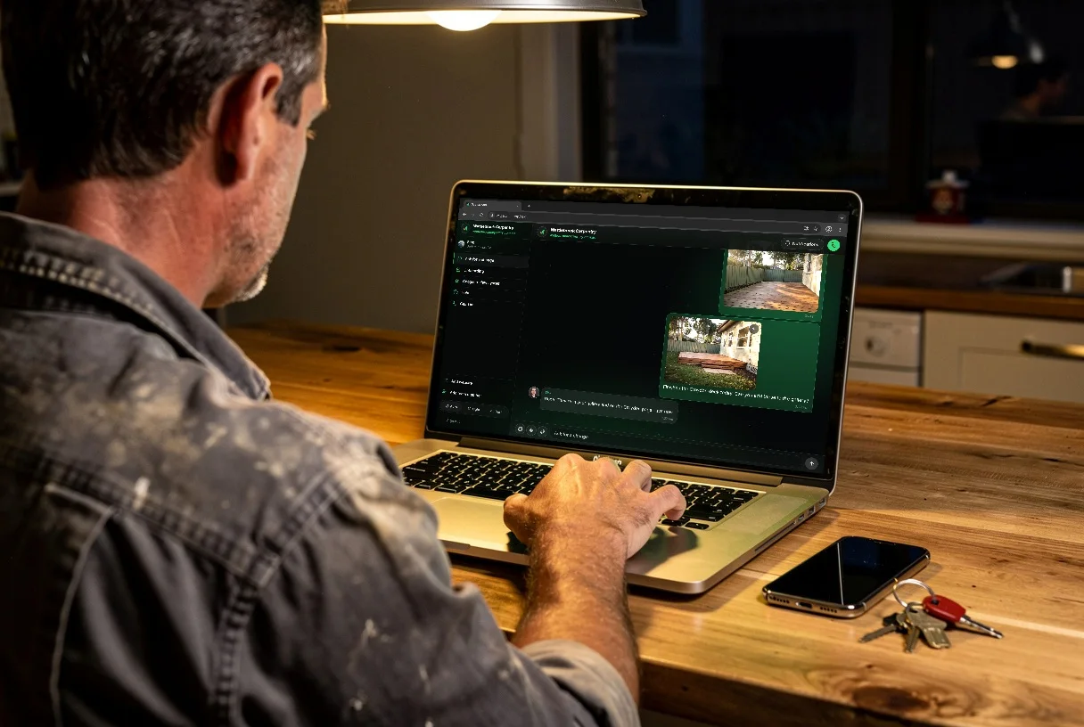 A builder at his kitchen bench in the evening with a laptop open on the Scalus app, the job photos in the thread and a reply saying they are live