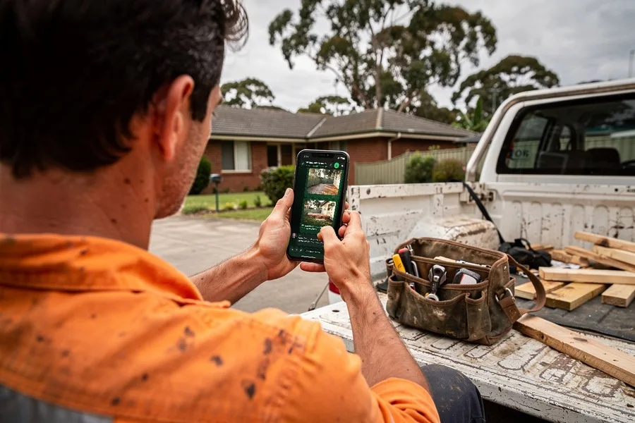 Over the shoulder of a tradesman at the back of his ute, sending job photos in the Scalus app on his phone