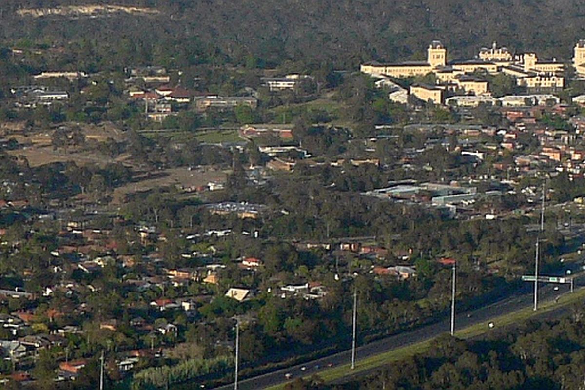 Aerial view over Kew looking across the rooftops and tree cover of Melbourne’s inner east