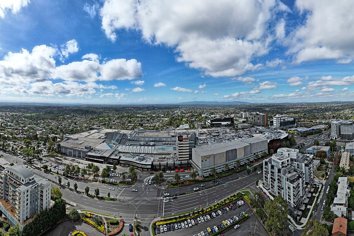 Aerial view of Doncaster Hill and Westfield Doncaster with the suburbs of Manningham around it