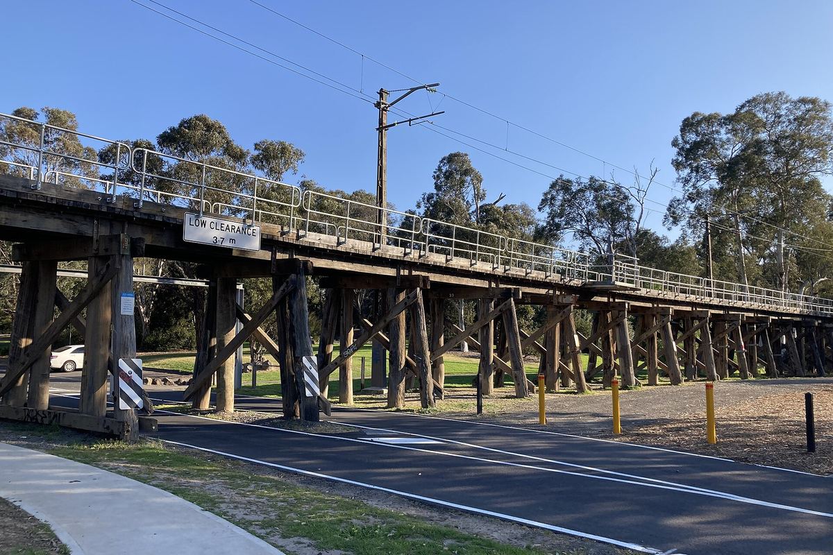 The timber trestle rail bridge at Eltham, a local landmark in the Nillumbik shire