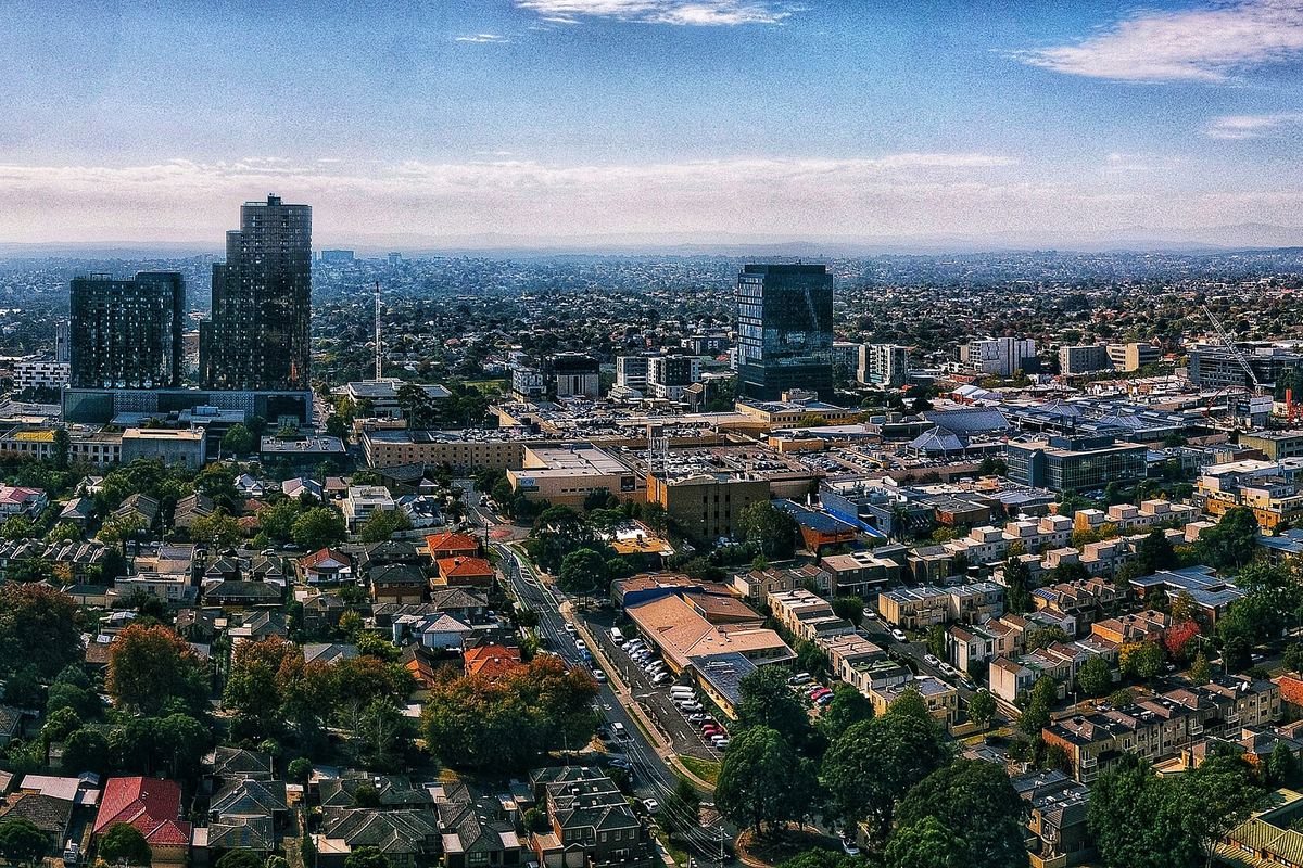 Aerial view of the Box Hill skyline and the surrounding streets of Melbourne’s east