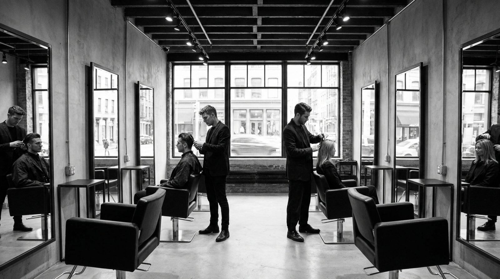 Stylish black-and-white hair salon interior
