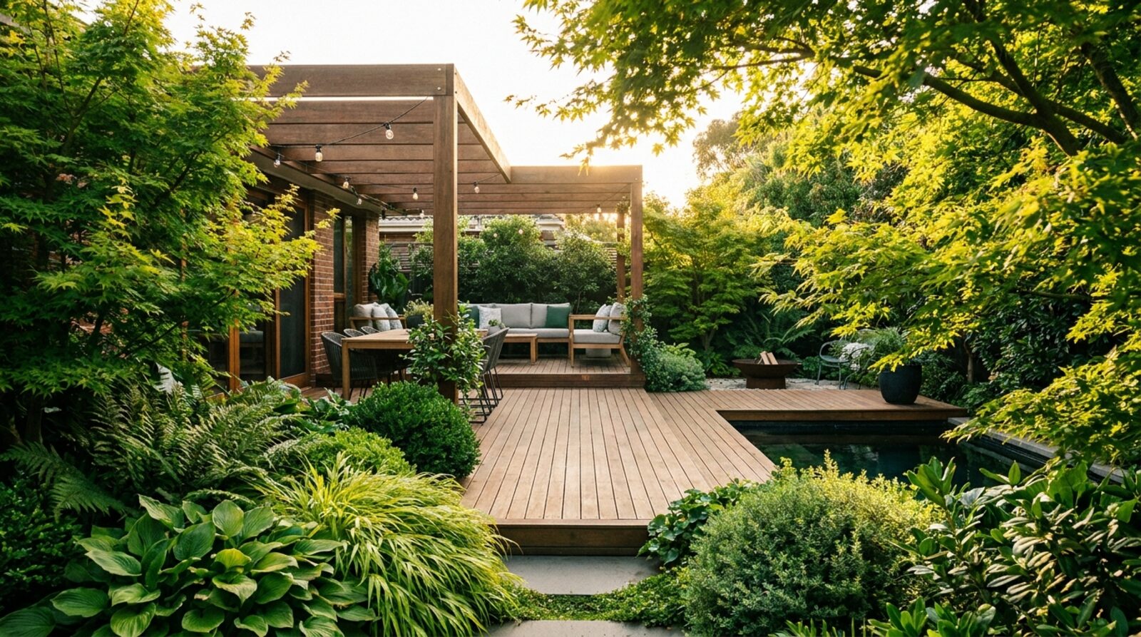 Premium landscaped Melbourne backyard at golden hour