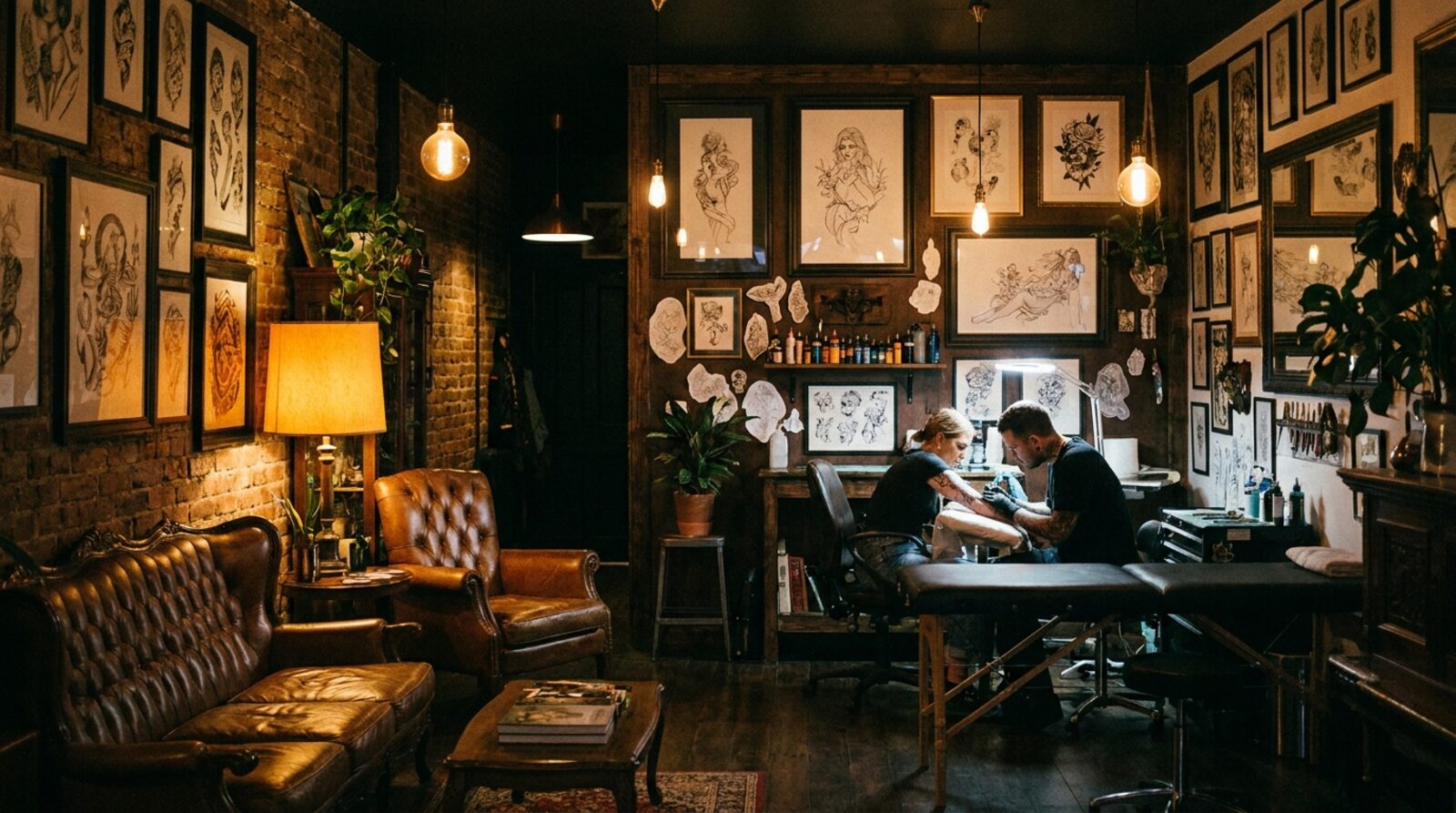 Moody tattoo studio interior with fine-line artwork