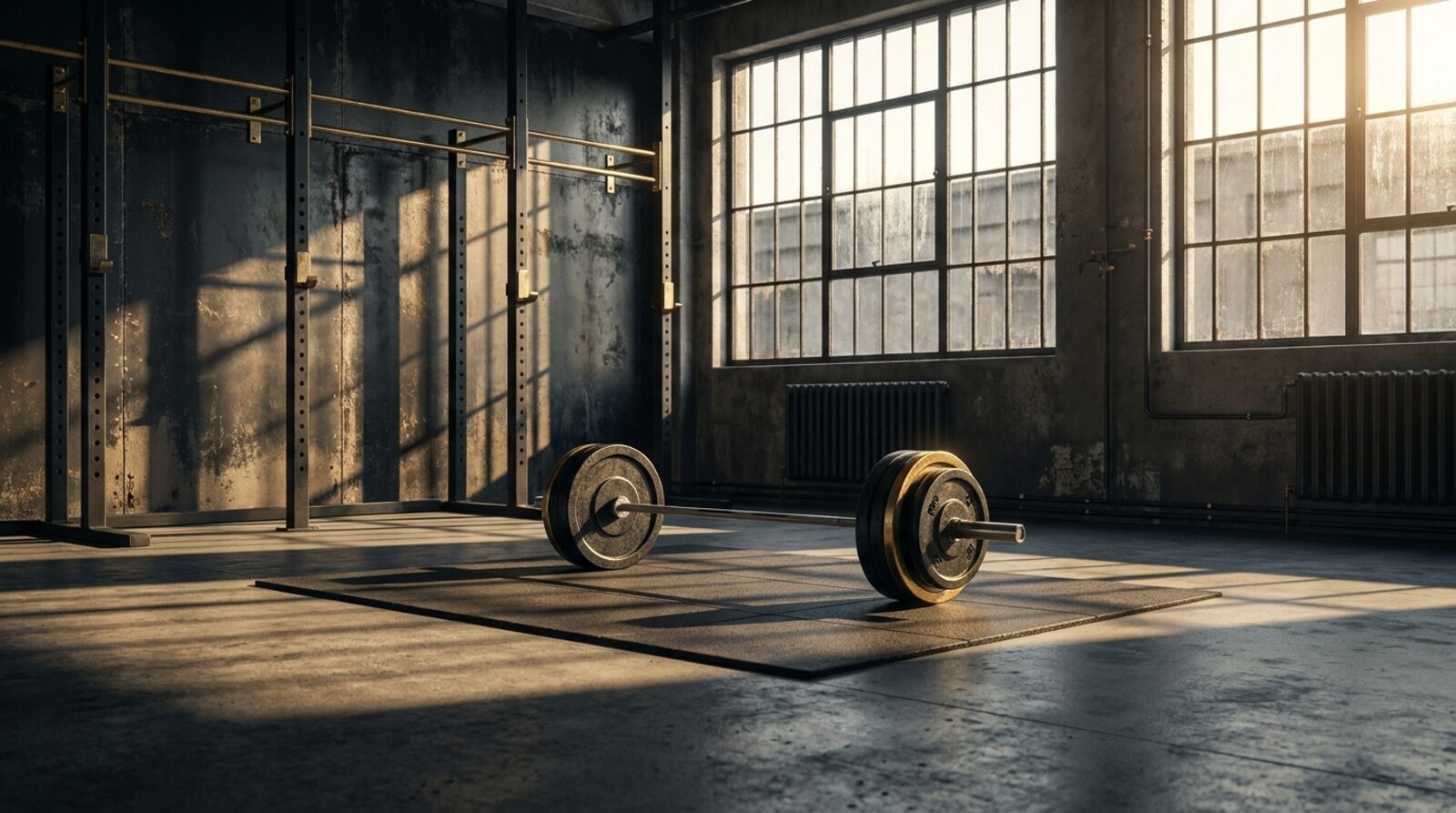 Dramatic gym interior at dawn with barbell and weights