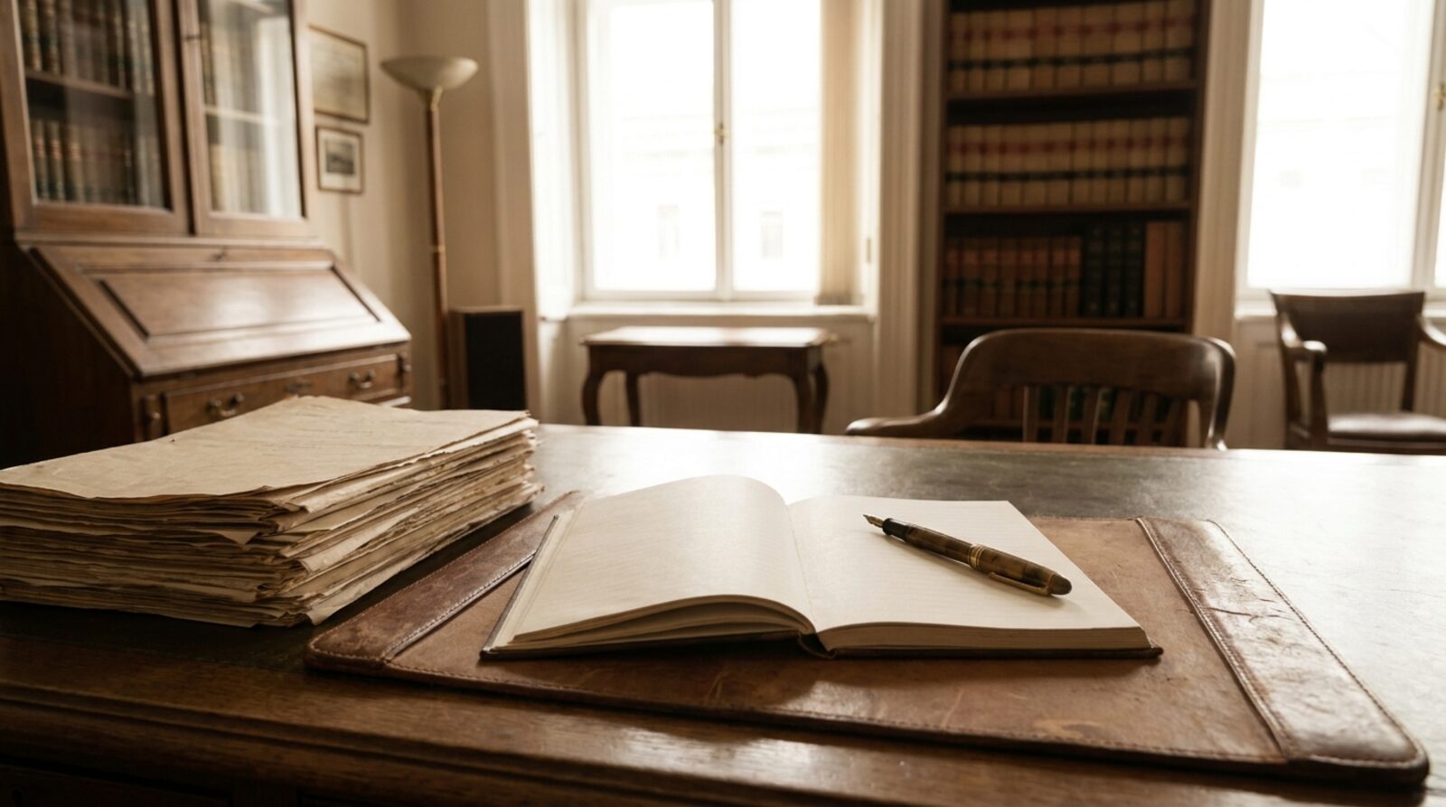 Warm, reassuring law office desk with documents and a pen