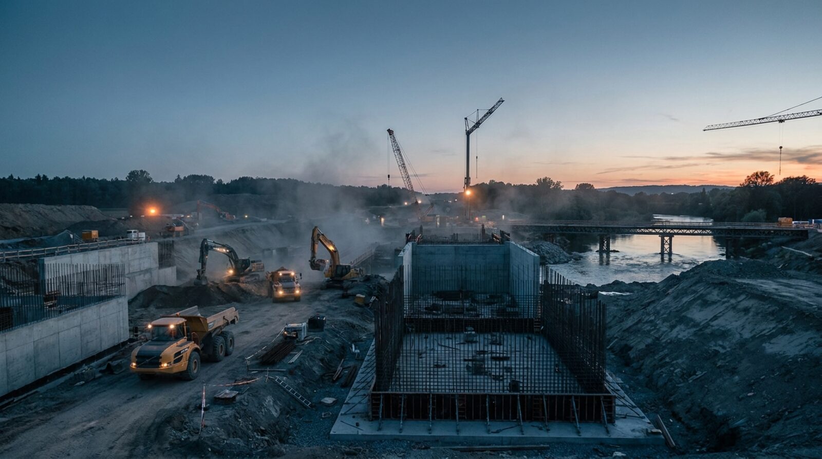 Heavy civil construction earthworks site at dusk