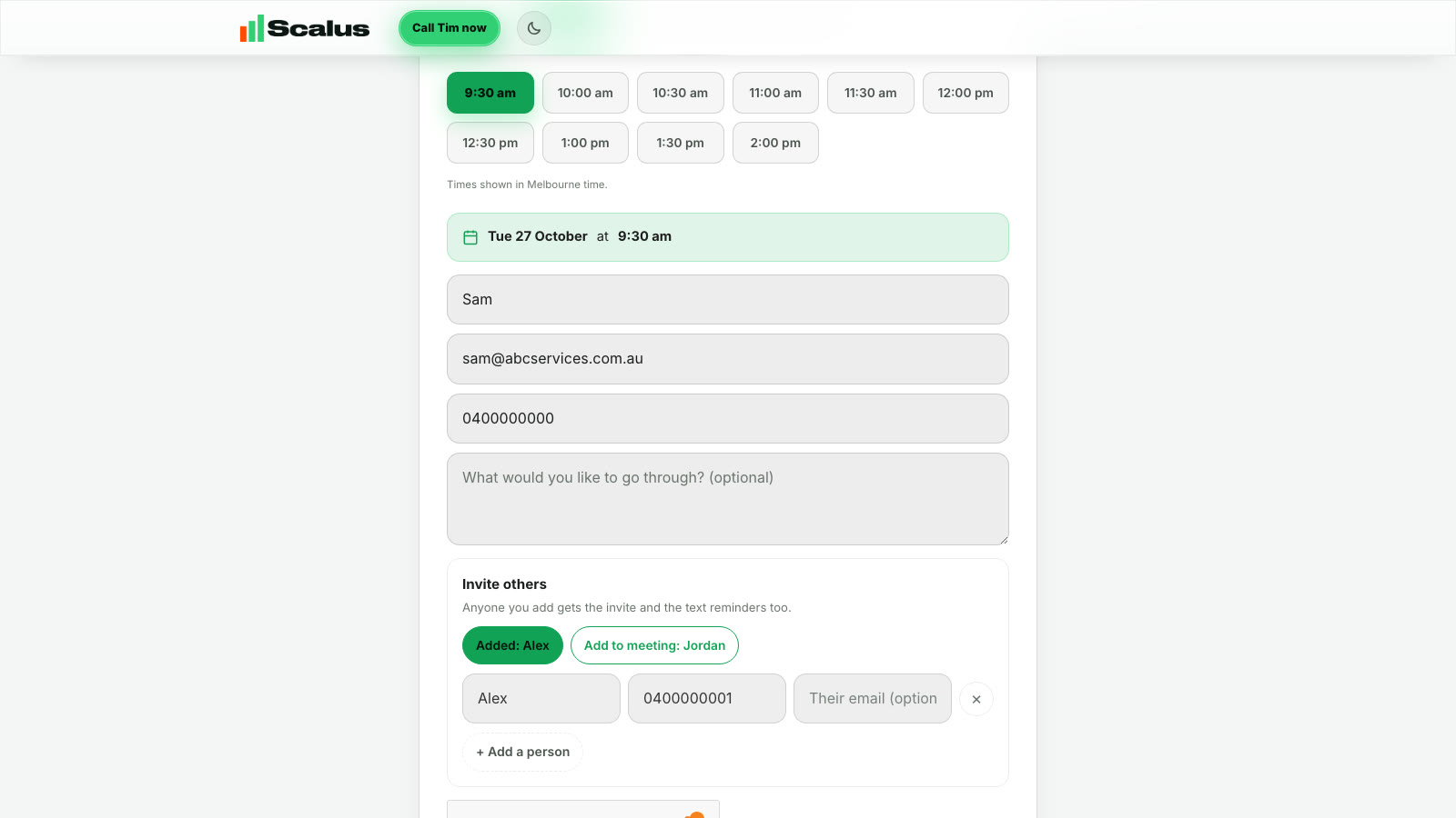 The booking page with a Tuesday 9:30am time chosen, the booker's details filled in and a teammate added to the meeting with one tap
