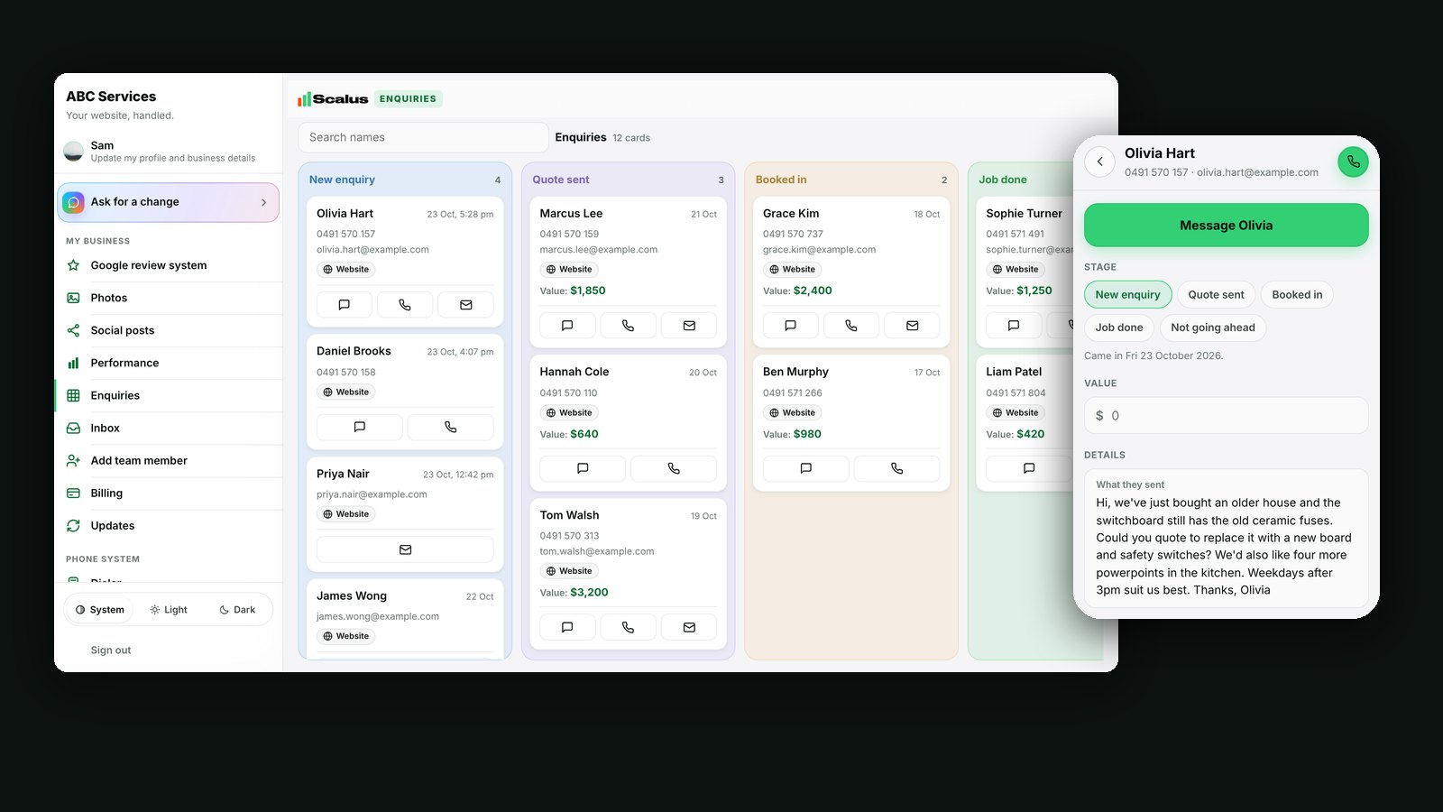 The Enquiries board in the Scalus app on a computer, with cards in New enquiry, Quote sent, Booked in and Job done, and one enquiry opened on a phone showing the customer's own words