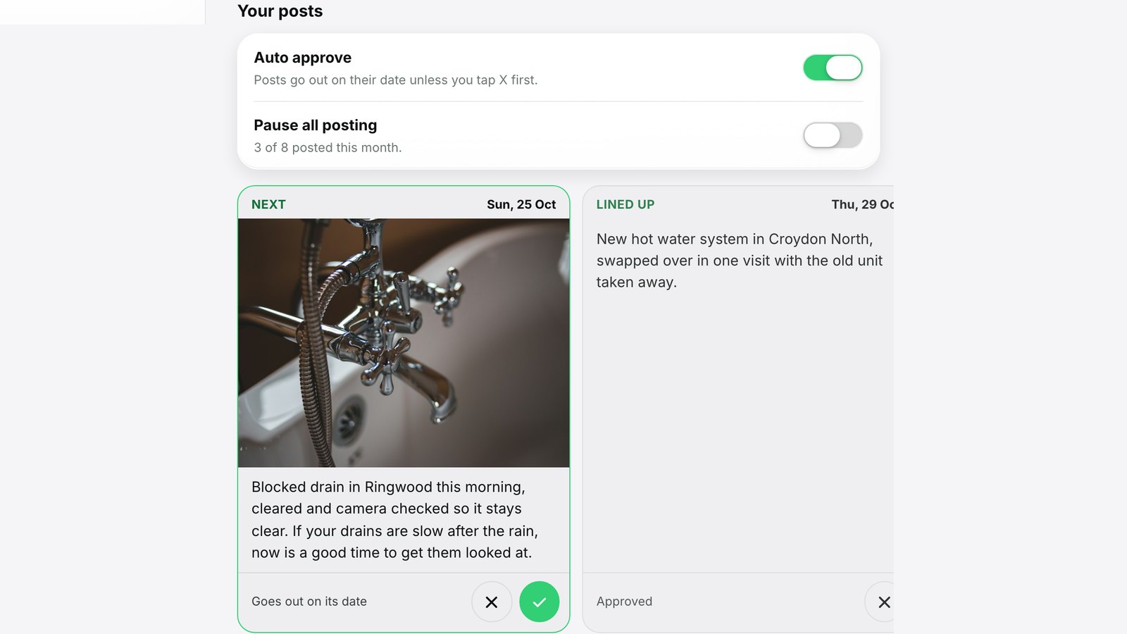 The Your posts section of Google Business in the Scalus app: auto approve and pause switches, and a carousel with the next post and the one lined up, each with a tick and an X