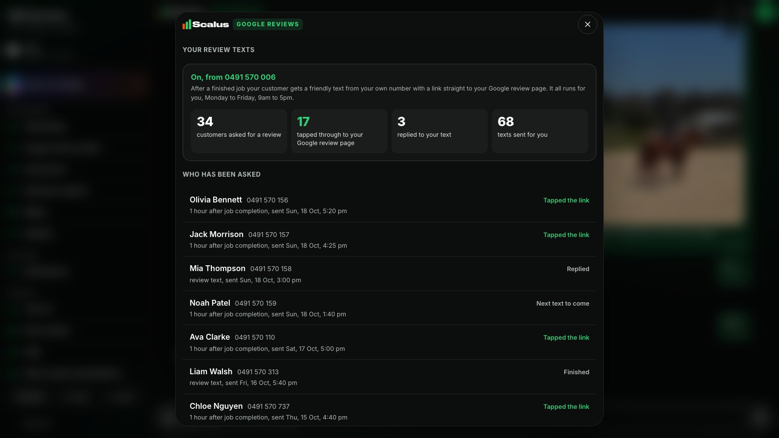 The Google review screen in the Scalus app, showing customers asked, who tapped through to Google and who replied