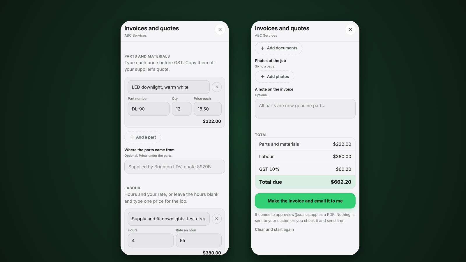 The invoices and quotes screen in the Scalus app, showing parts, labour and the total with GST