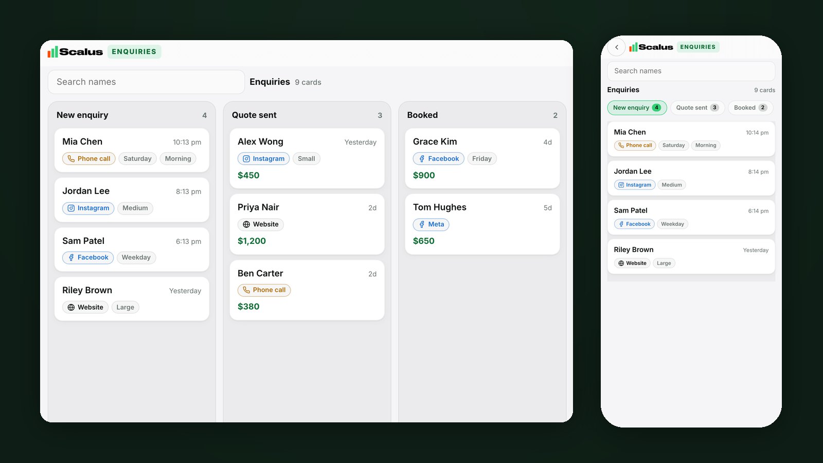 The Enquiries board in the Scalus app on a computer and a phone, each card showing where the lead came from: Phone call, Instagram, Facebook, Meta or Website