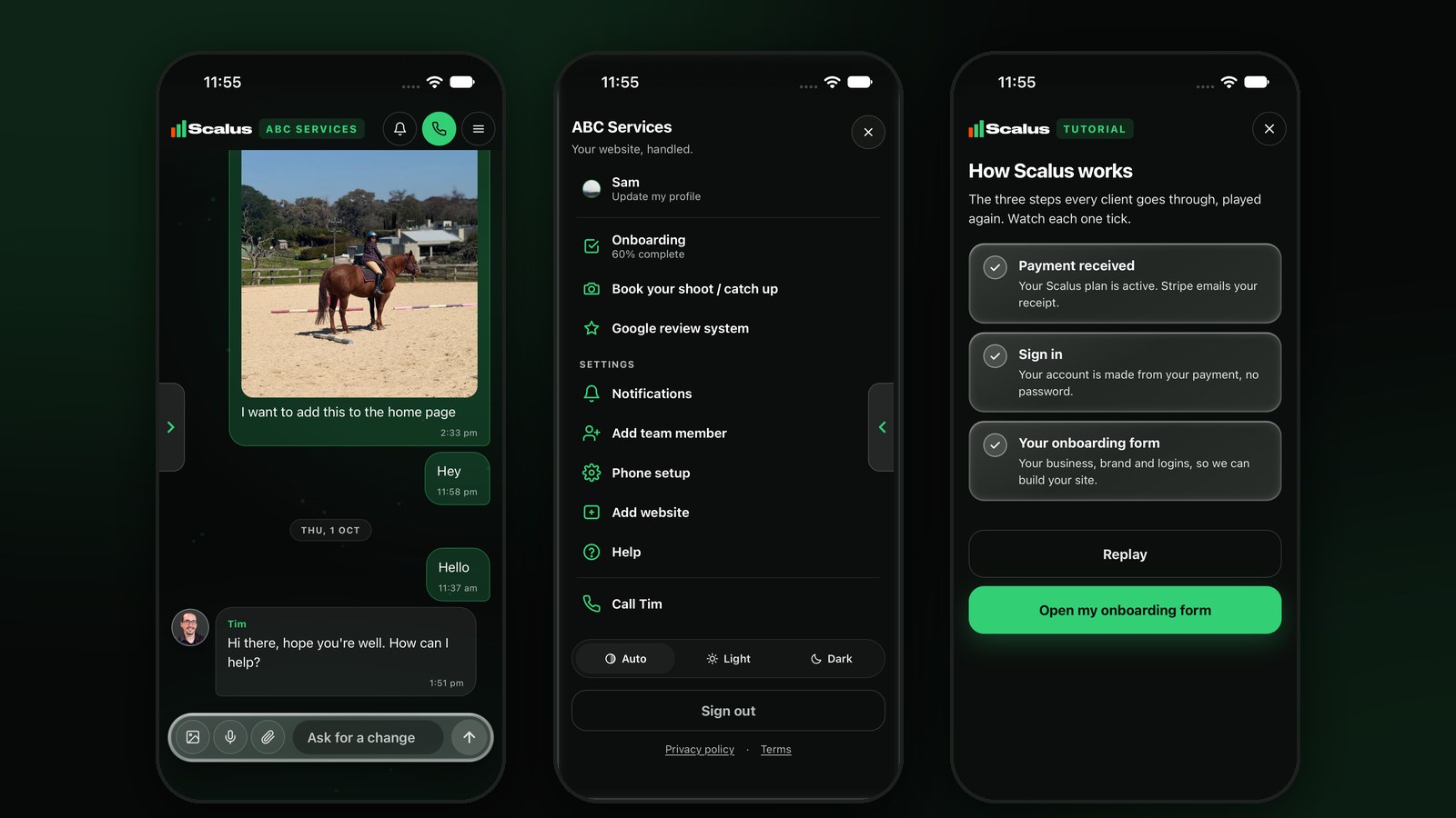 Three screens of the new Scalus App: the chat with the Scalus strip and the glass message dock, the full screen menu, and the Tutorial in Help