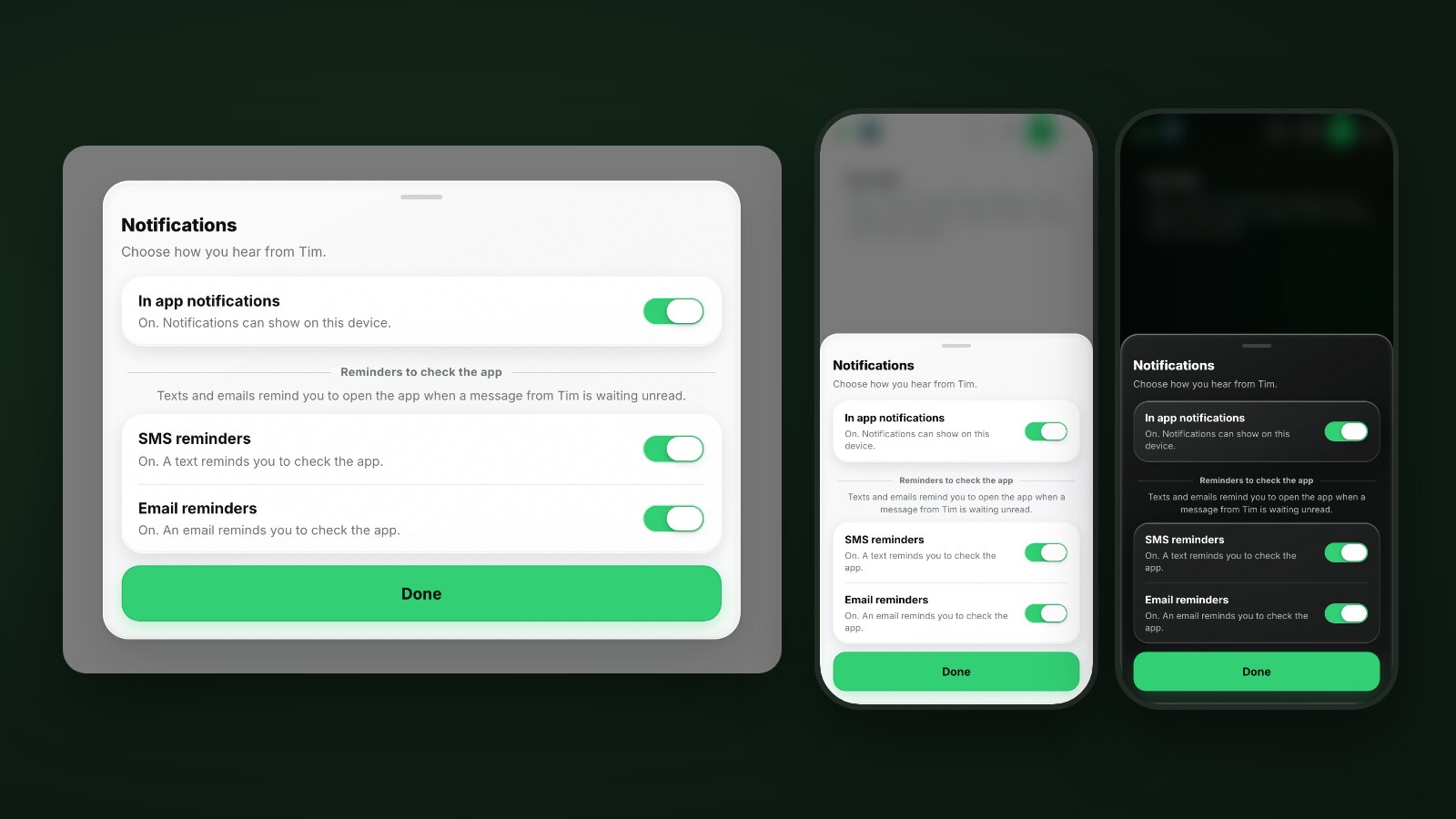The Notifications sheet in the Scalus app on a computer and on a phone in light and dark, with switches for In app notifications, SMS reminders and Email reminders