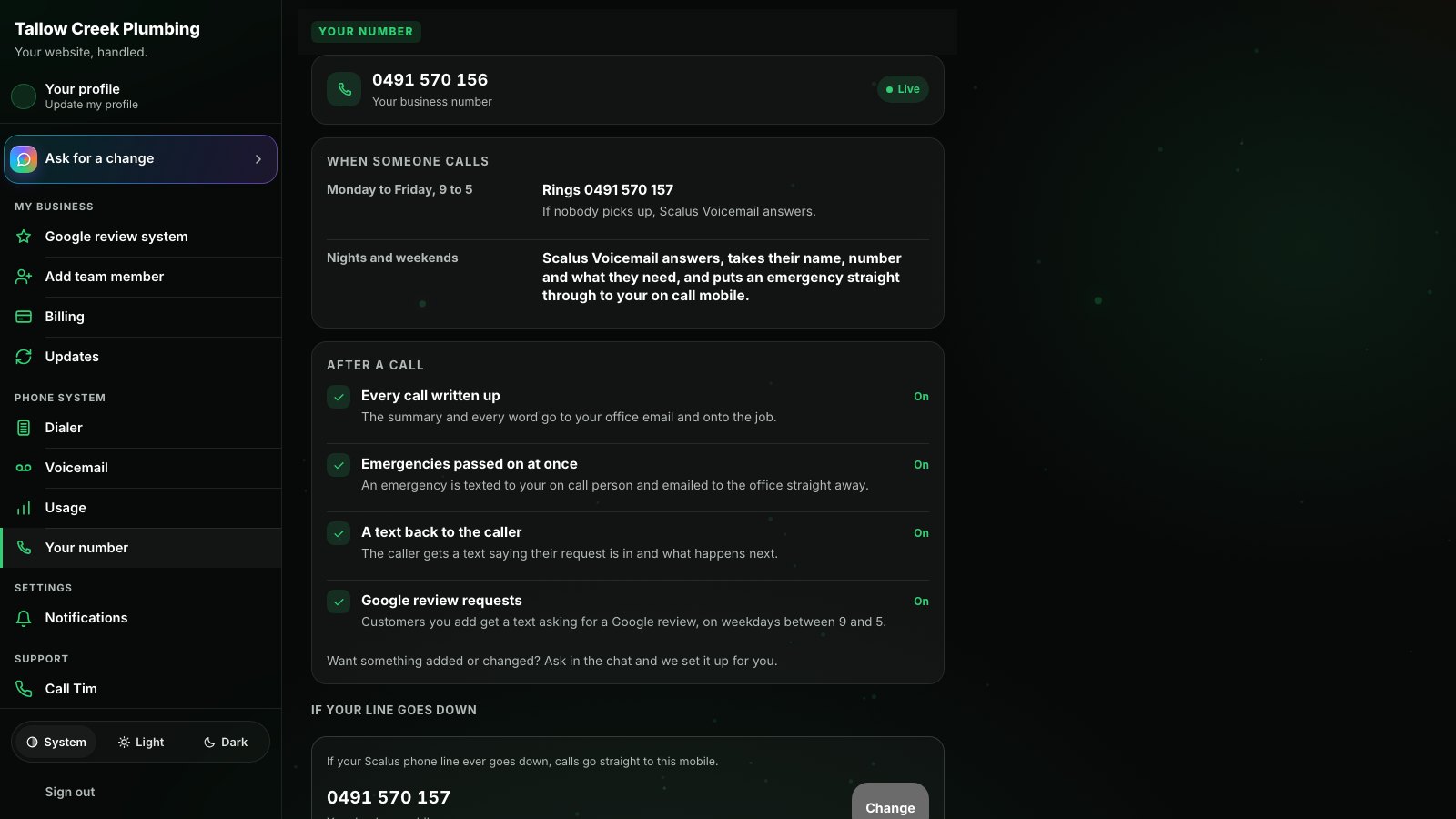 The Your number page in the Scalus app, showing the business number, who answers calls and the automations that run after a call