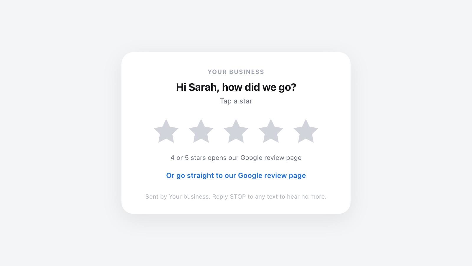 The page a customer sees after tapping a review text: the business name, Hi Sarah how did we go, five stars, and a link to the Google review page
