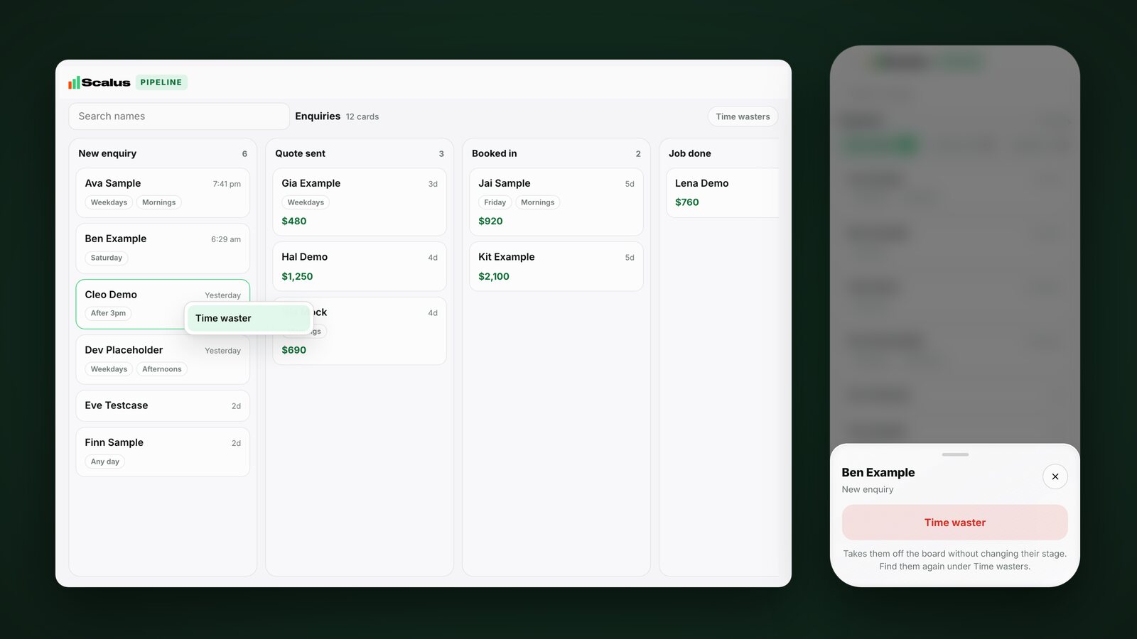 The Pipeline in the Scalus app on a computer with Time waster open on a card, and the press and hold sheet on a phone