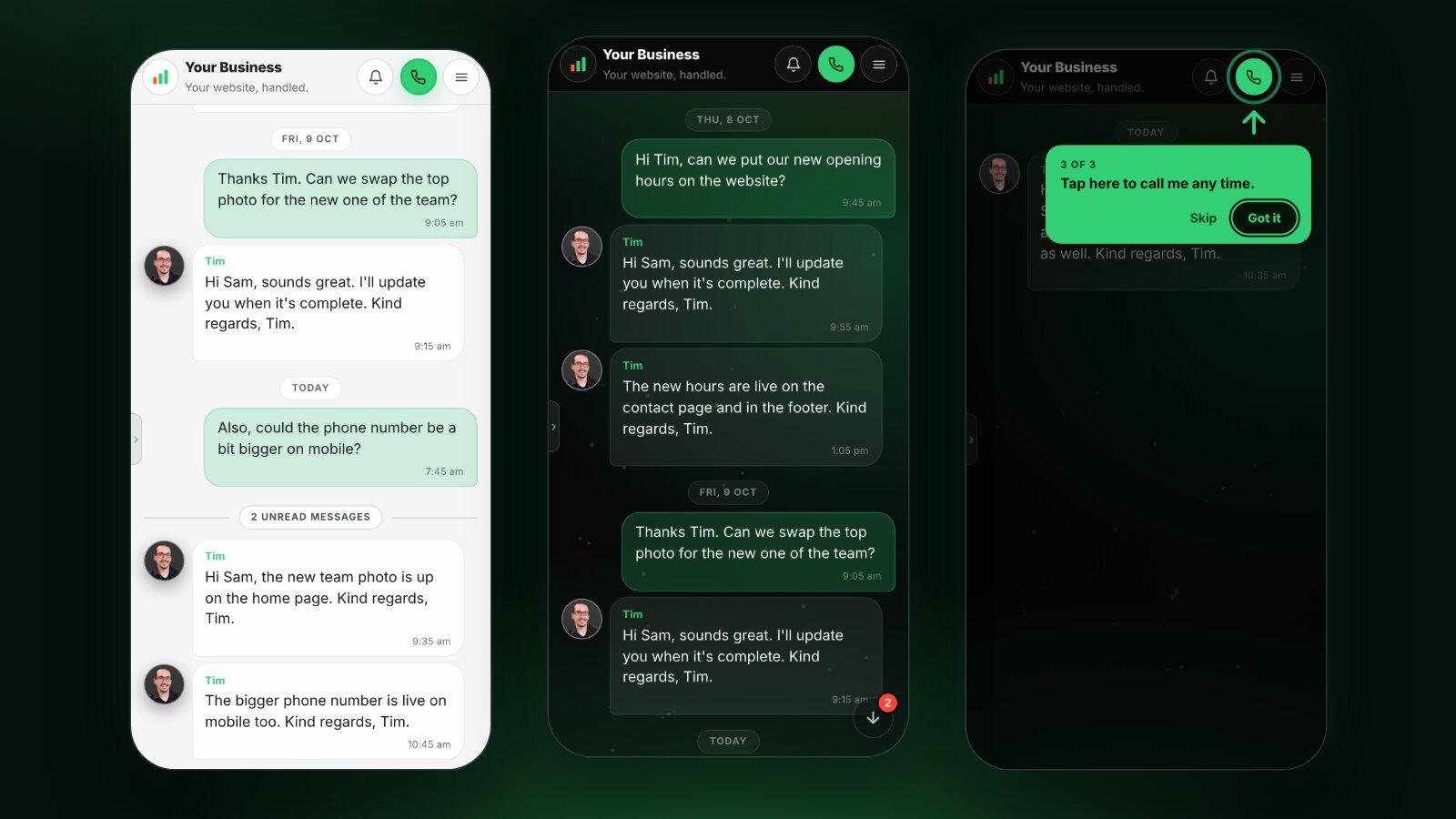 Three screens of the Scalus App: an unread messages line, a red count on the jump to latest button, and a helper arrow pointing to the call button