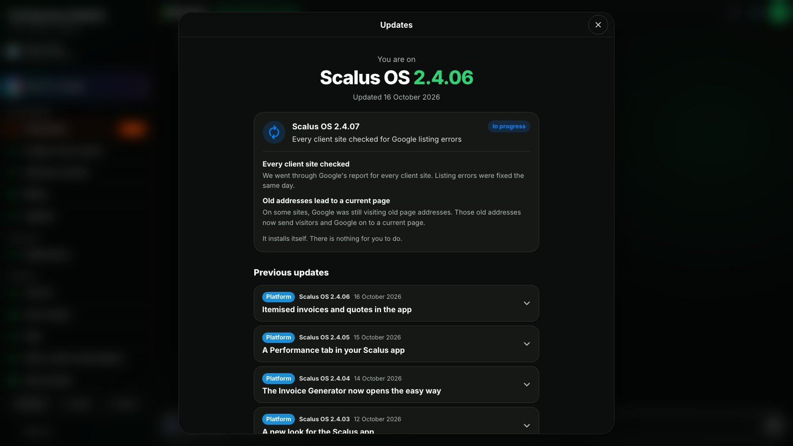The Updates screen in the Scalus app, showing the Scalus OS version, the update in progress and previous updates