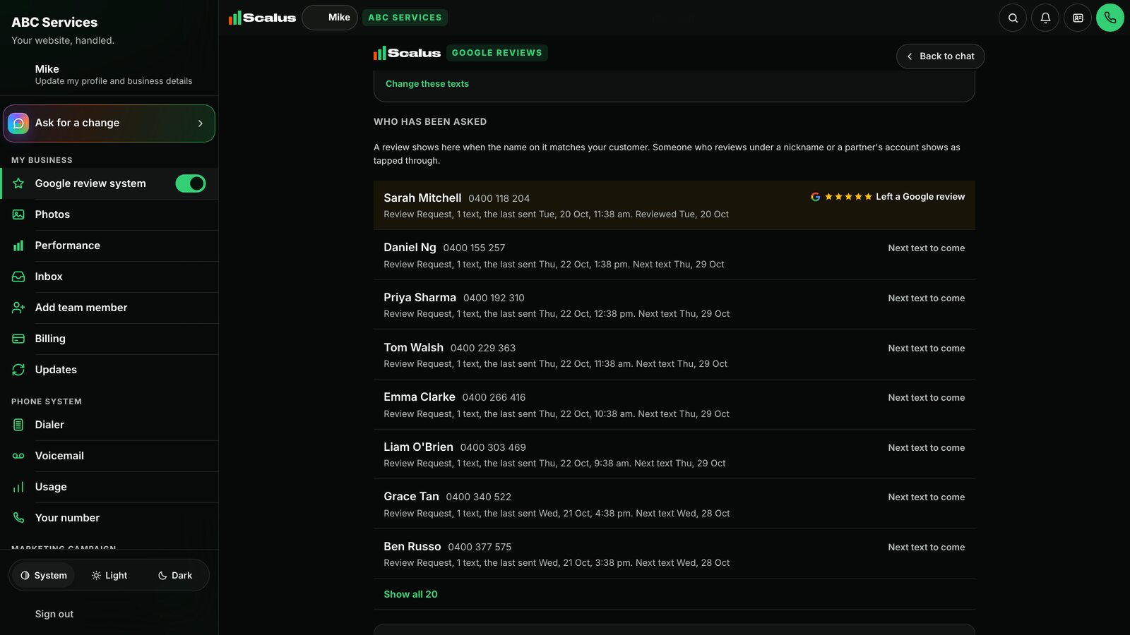 The Google review screen in the Scalus app: every customer asked for a review, and the one who left a Google review shown first with Google's logo and five gold stars