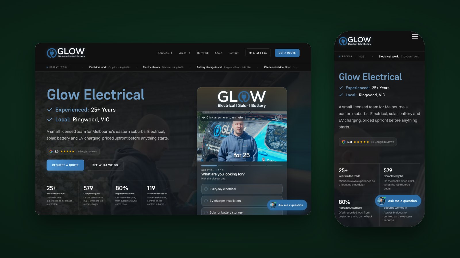 The Glow Electrical home page on a computer and on a phone, showing the quote quiz and the recent work strip