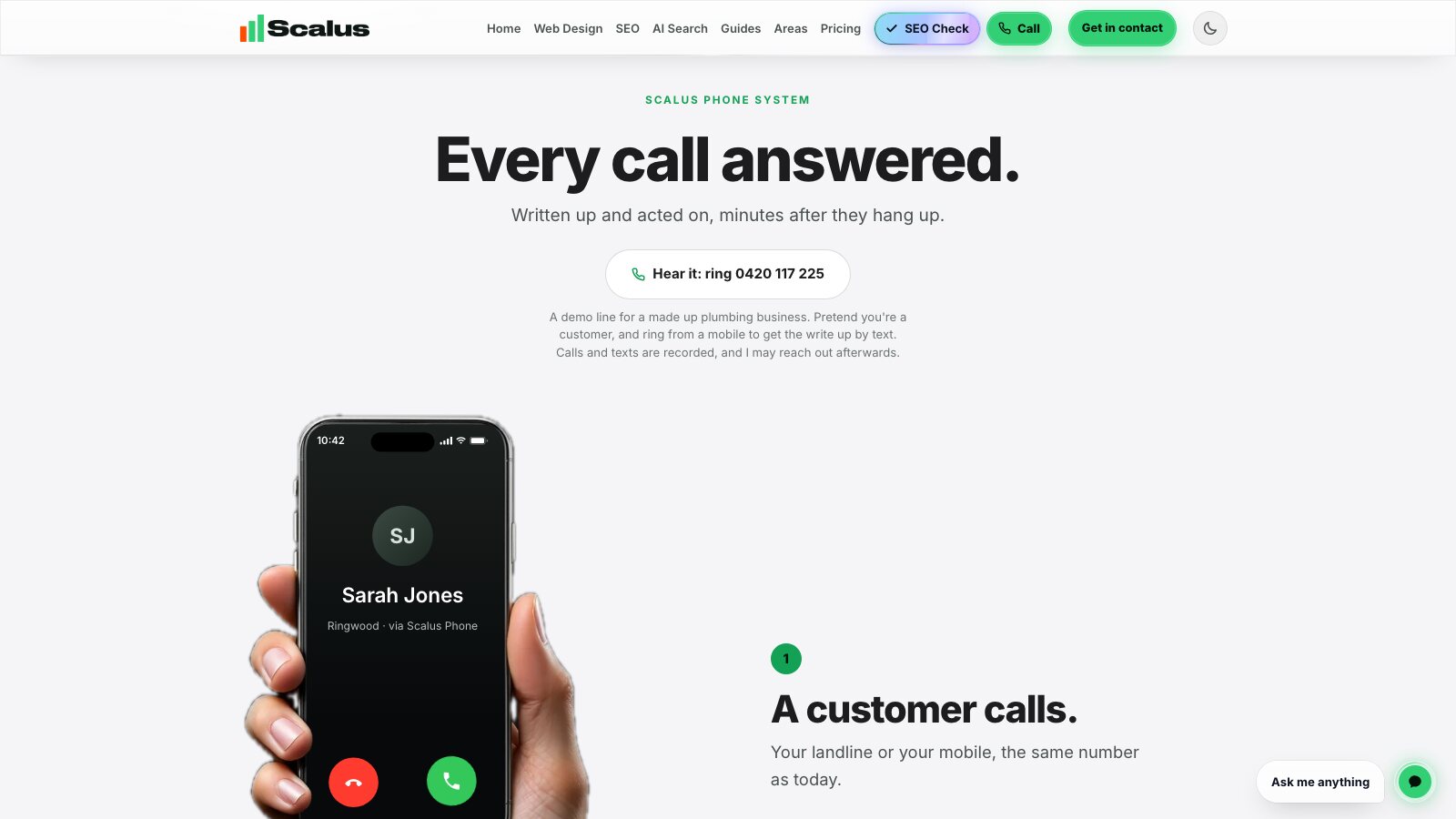 The Scalus phone system page with the Hear it: ring 0420 117 225 button above a phone showing an incoming call from a customer
