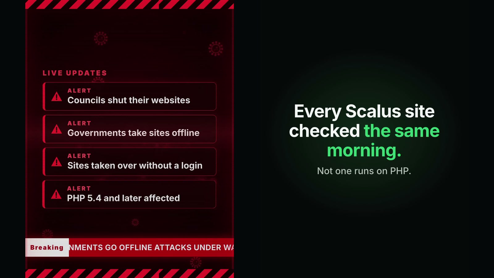 Two frames from the Scalus security video: red alerts saying councils shut their websites and sites were taken over without a login, then the calm line Every Scalus site checked the same morning, not one runs on PHP