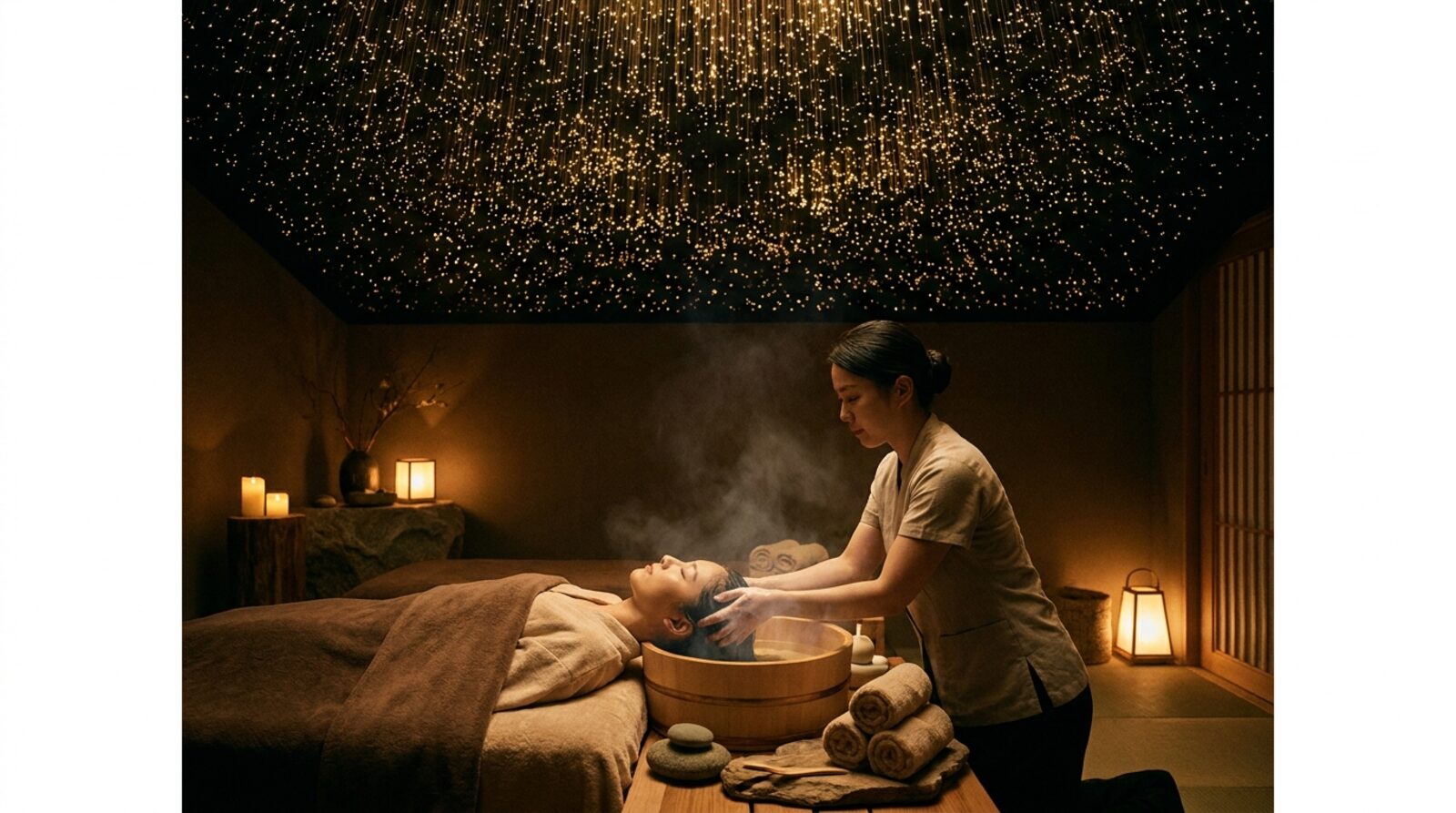 Serene Japanese-inspired head spa with warm golden glow