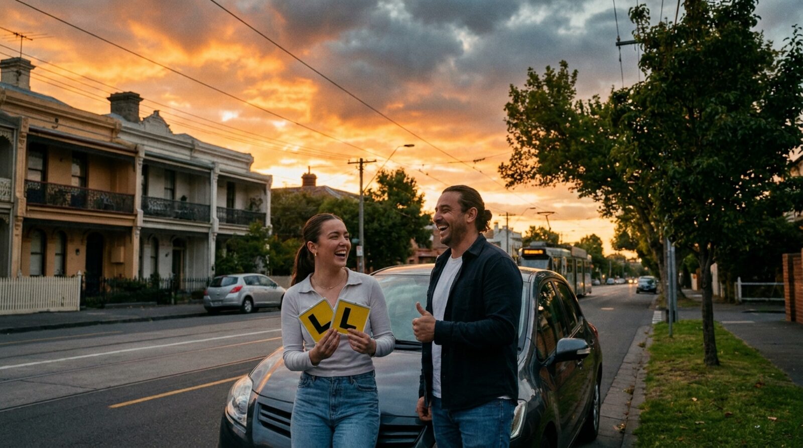 A learner driver and instructor in a dual-control car on a Melbourne street