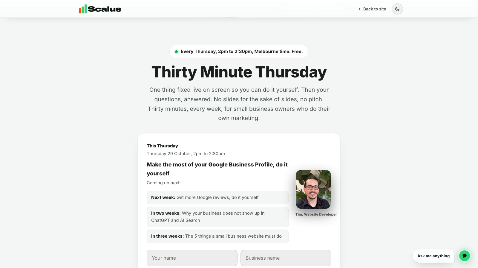 The Thirty Minute Thursday sign up page showing this week's topic, the next three, and the sign up form