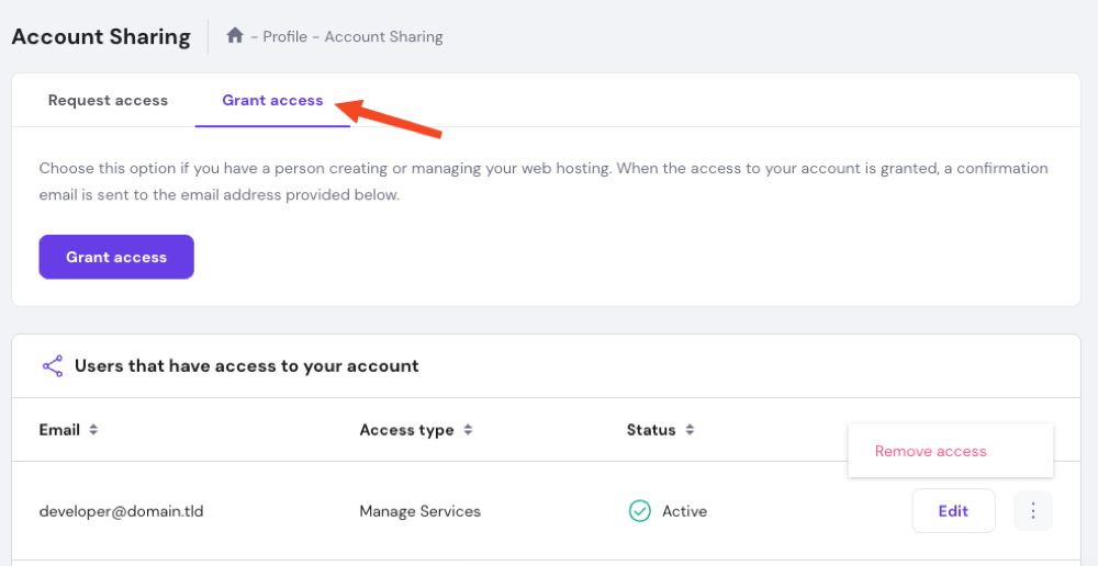The Account Sharing page and the Give Access button