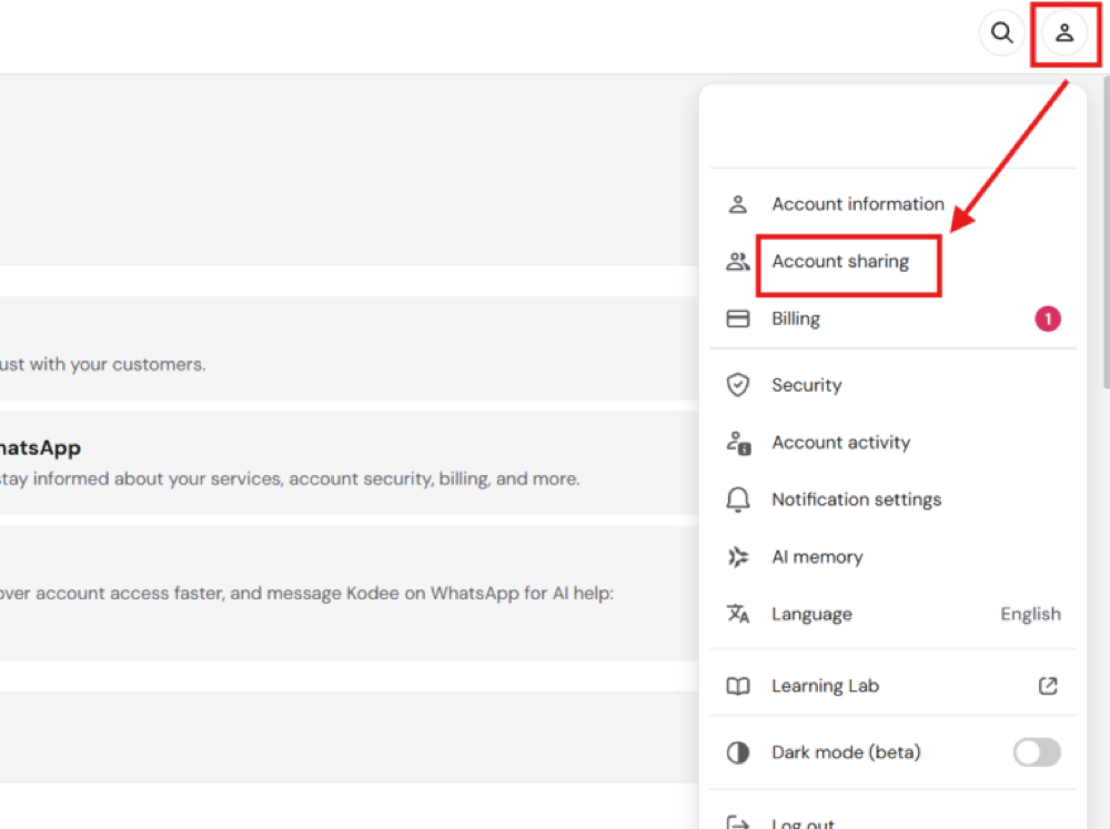 Your profile icon at the top right, then Account Sharing