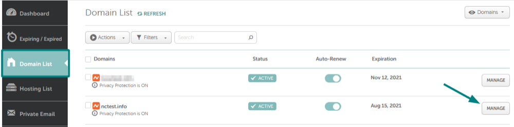 Your Domain List, with Manage on the right of each domain