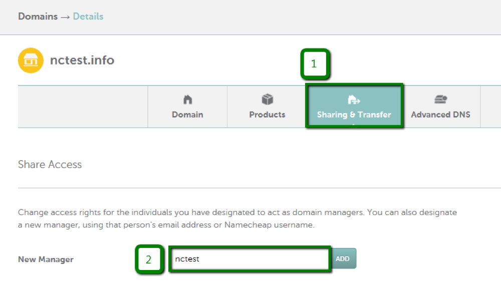 The Sharing and Transfer tab, then the New Manager field