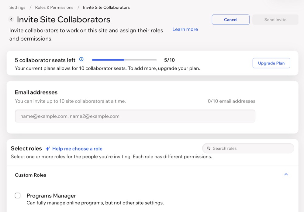 The Invite Collaborators panel where you enter the email