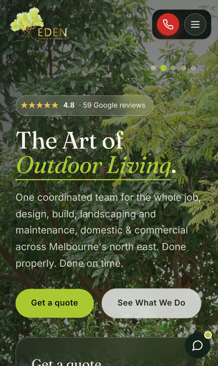 The Eden Building and Landscaping website on a phone