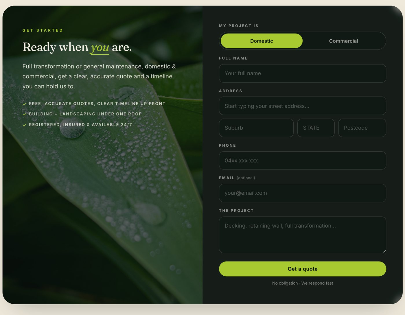 The domestic and commercial quote flow on the Eden Building and Landscaping website