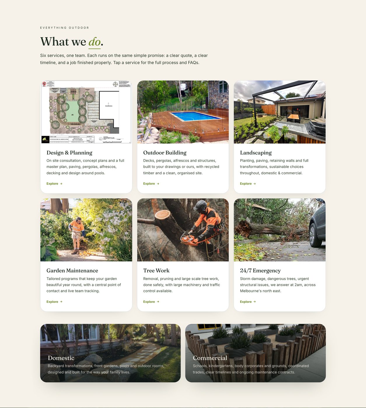 The six service pages on the Eden Building and Landscaping website