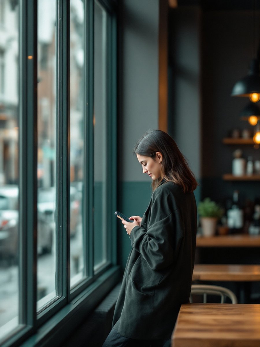 A woman reading a message on her phone