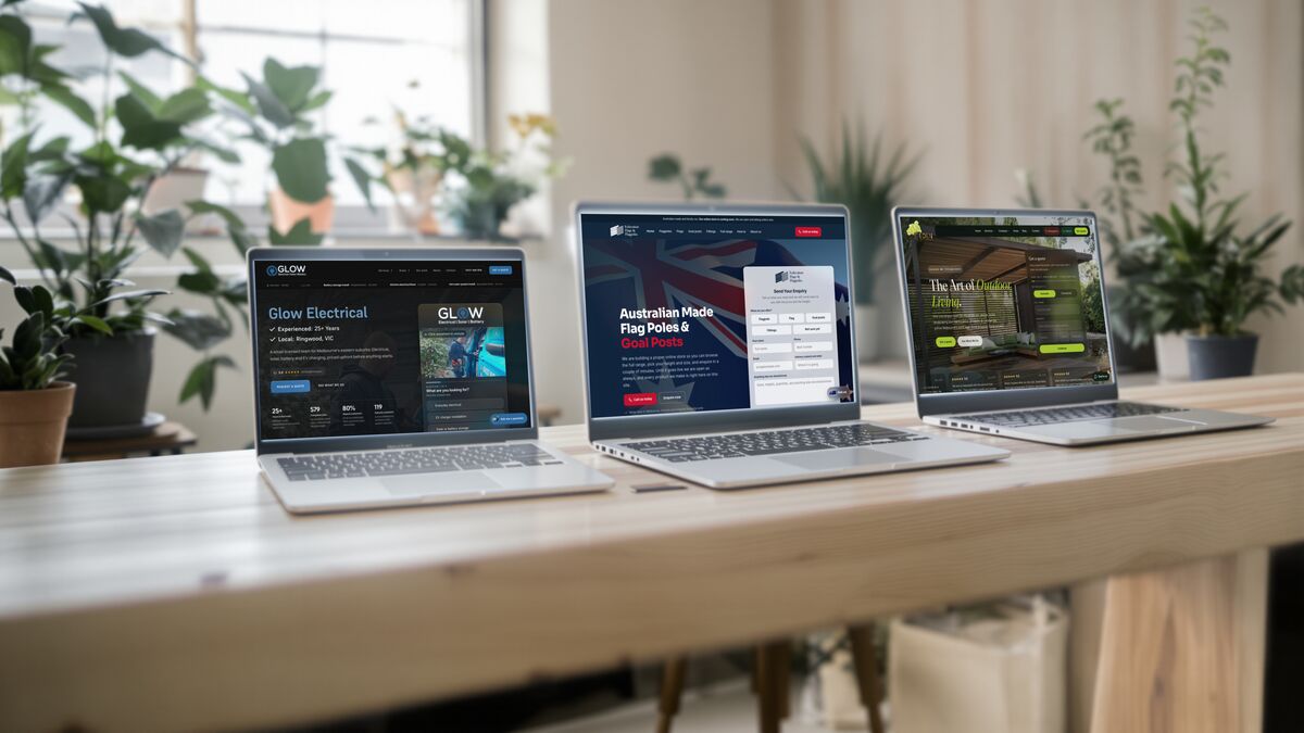 Three laptops side by side, each showing a different client website built by Scalus