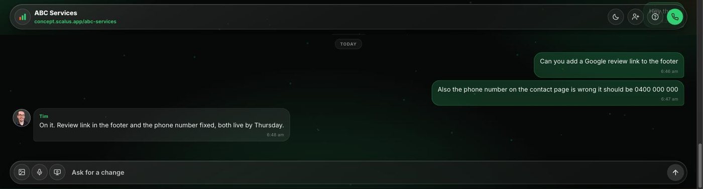The Scalus app showing a client asking for a change and Tim replying in the same thread
